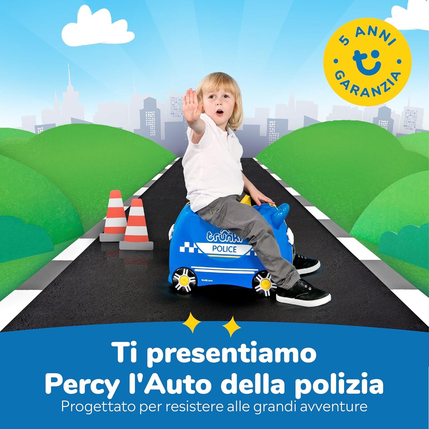 Trunki Valigia Trolley Cavalcabile – Bagaglio a Mano – Percy Auto Della Polizia (Blu)