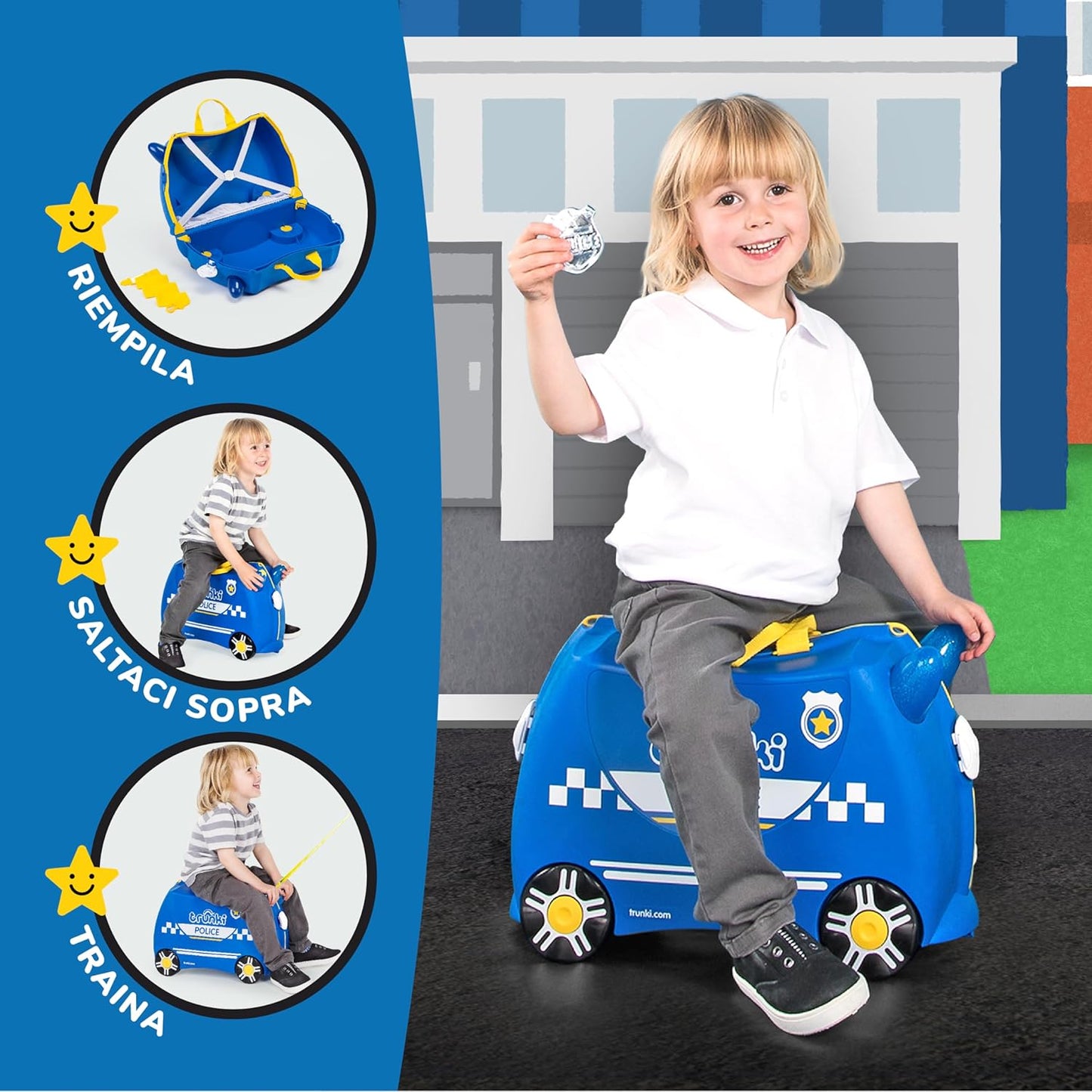 Trunki Valigia Trolley Cavalcabile – Bagaglio a Mano – Percy Auto Della Polizia (Blu)