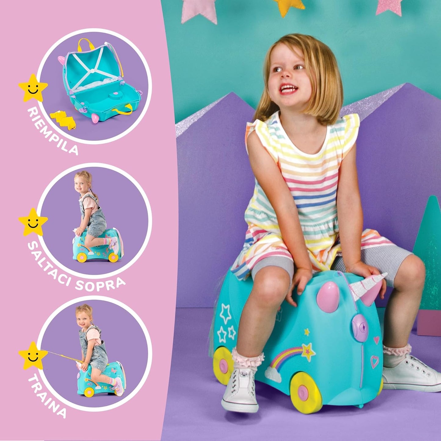 Trunki Valigia Trolley Cavalcabile – Bagaglio a Mano – Unicorno (Verde Acqua)